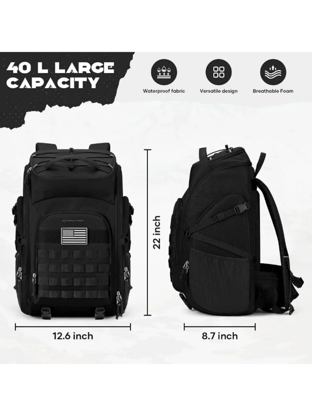 Water Resistant 40L Tactical Backpack for Men, Military Style, Outdoor Gear
